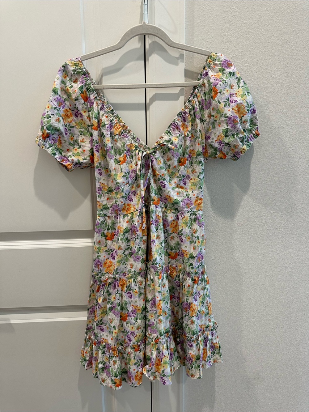 Altar'd State White Floral Mini Dress with Purple & Orange Accents